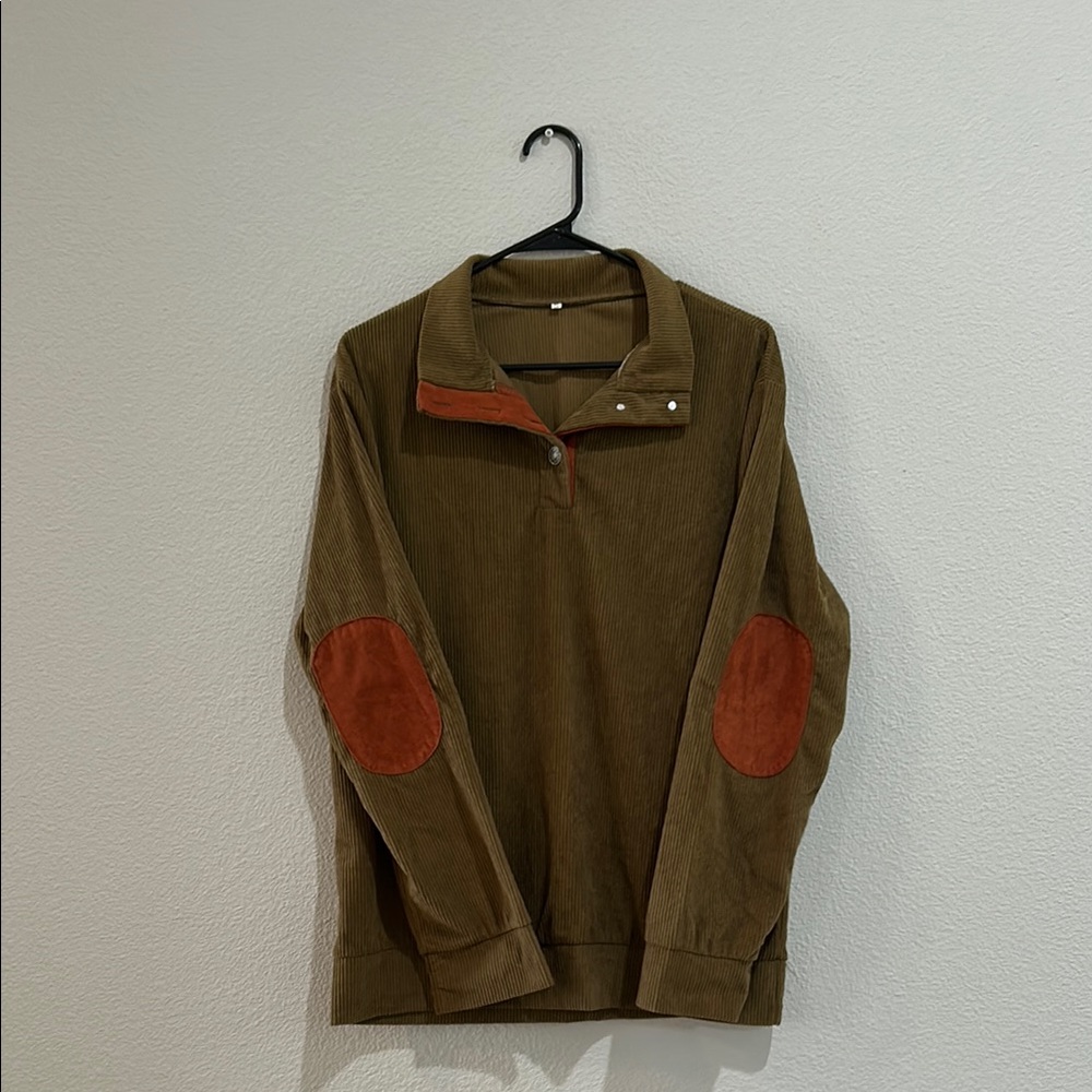 Olive Green Corduroy Pullover with Orange Elbow Patches